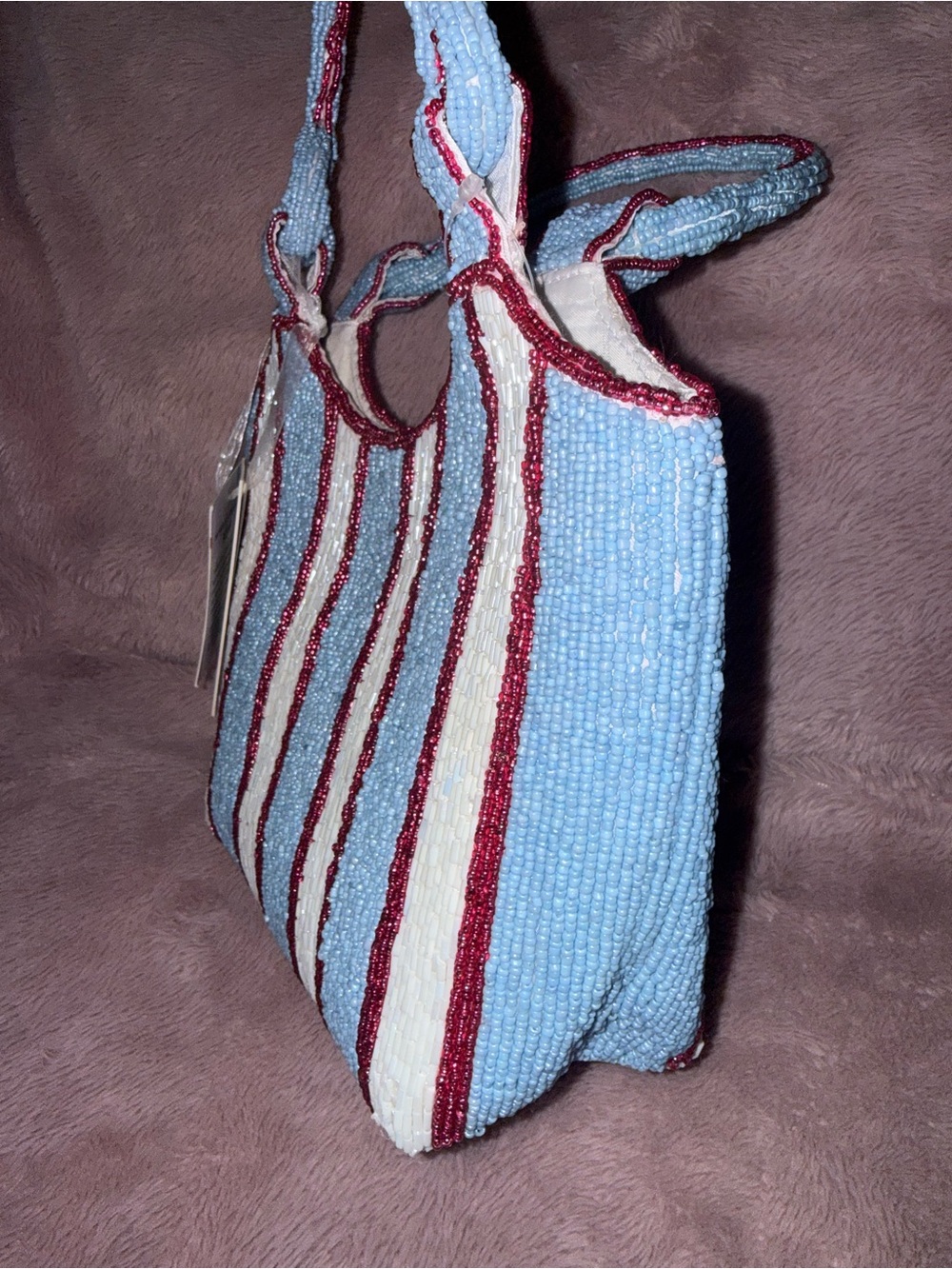 NWT Viral Striped Blue, White & Pink Beaded Tote Shoulder Bag - Picture 5 of 12